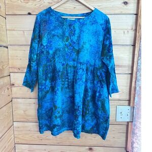 Vintage Batik Tunic Blouse Womens Large Blue Green Empire Waist Pleated Impasia